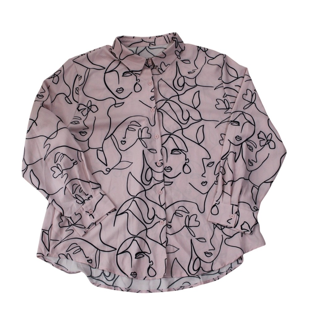 Shein Curve Pink Abstract Face Print‎ Button Front Blouse 4XL (Fits XL XXL)